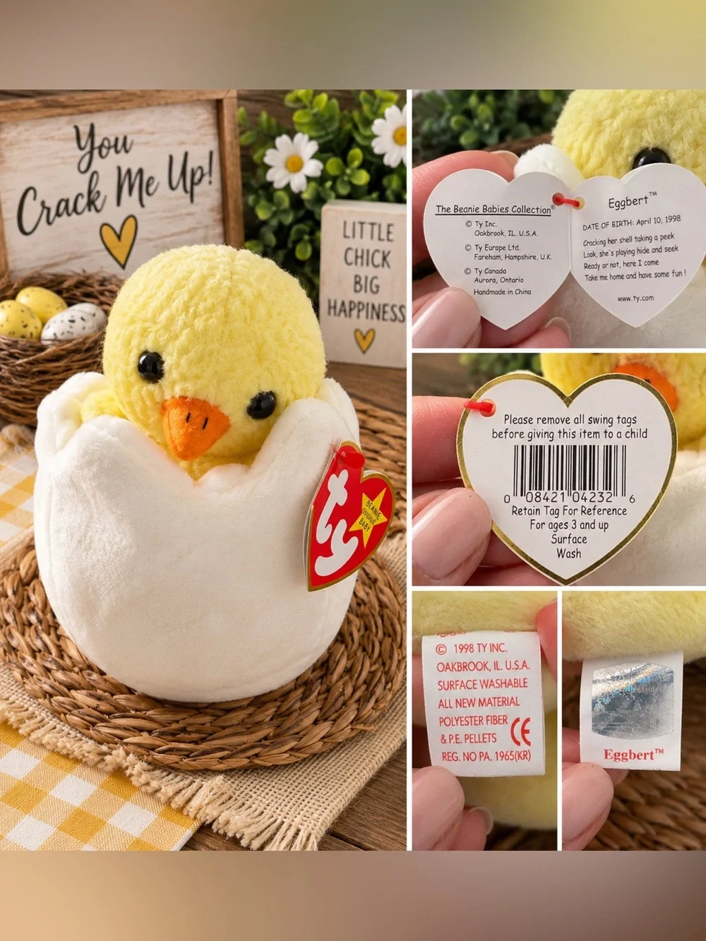 Ty Beanie Baby Eggbert Chick in Egg 1998 Original Tags PE Pellets